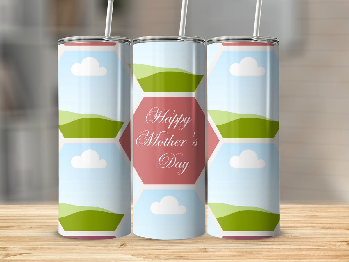 Three tumblers with a honeycomb pattern, featuring clouds, green hills, and "Happy Mother's Day" text.