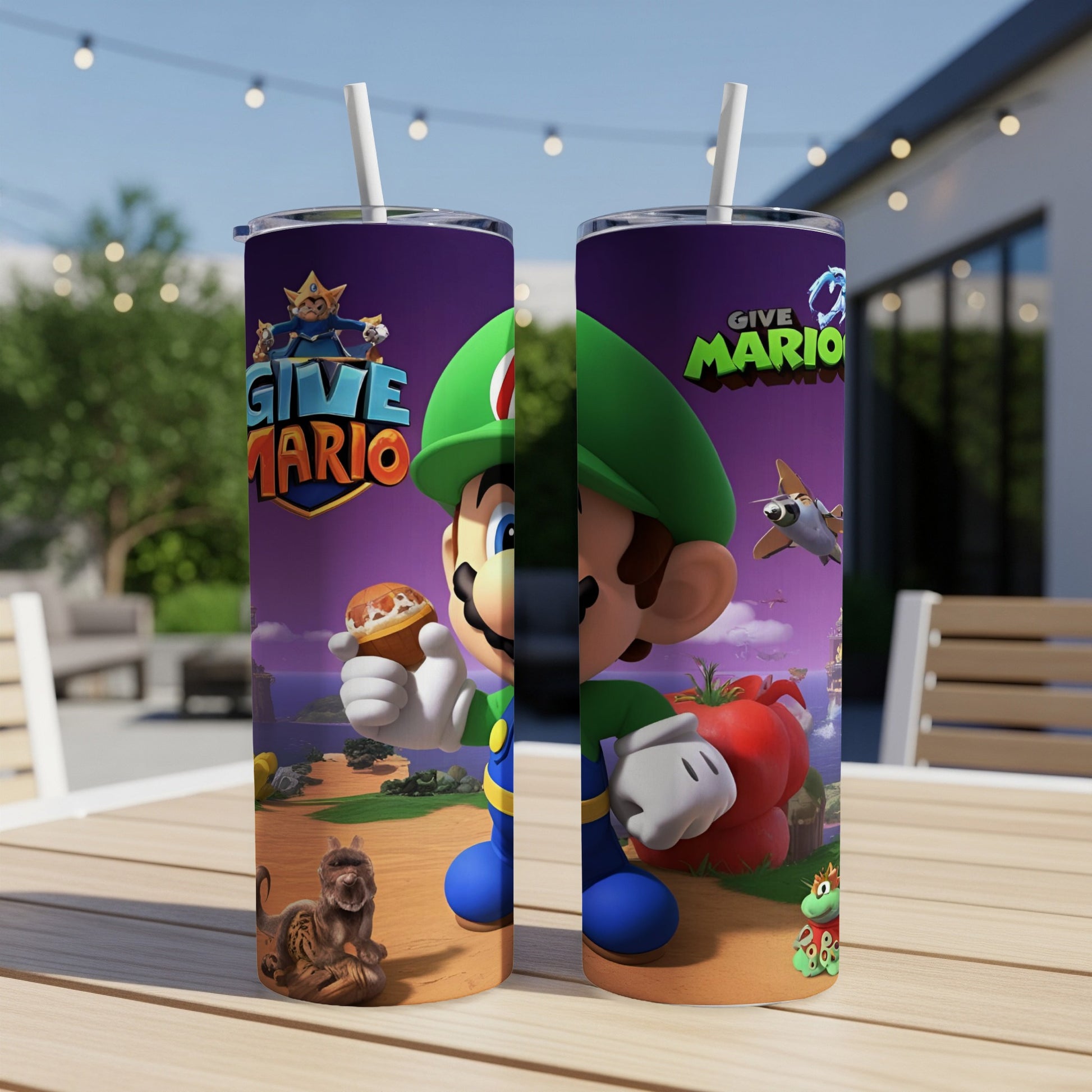 Luigi holding ice cream, with "Give Mario" logo and game characters.