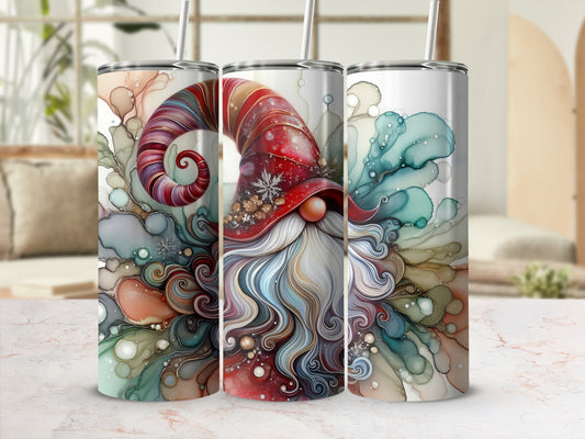 Three tumblers with a watercolor gnome design, one featuring a red hat.
