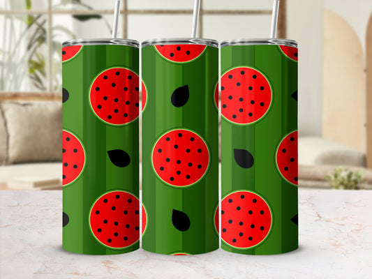 Green tumbler with repeating watermelon slices and black seeds pattern.