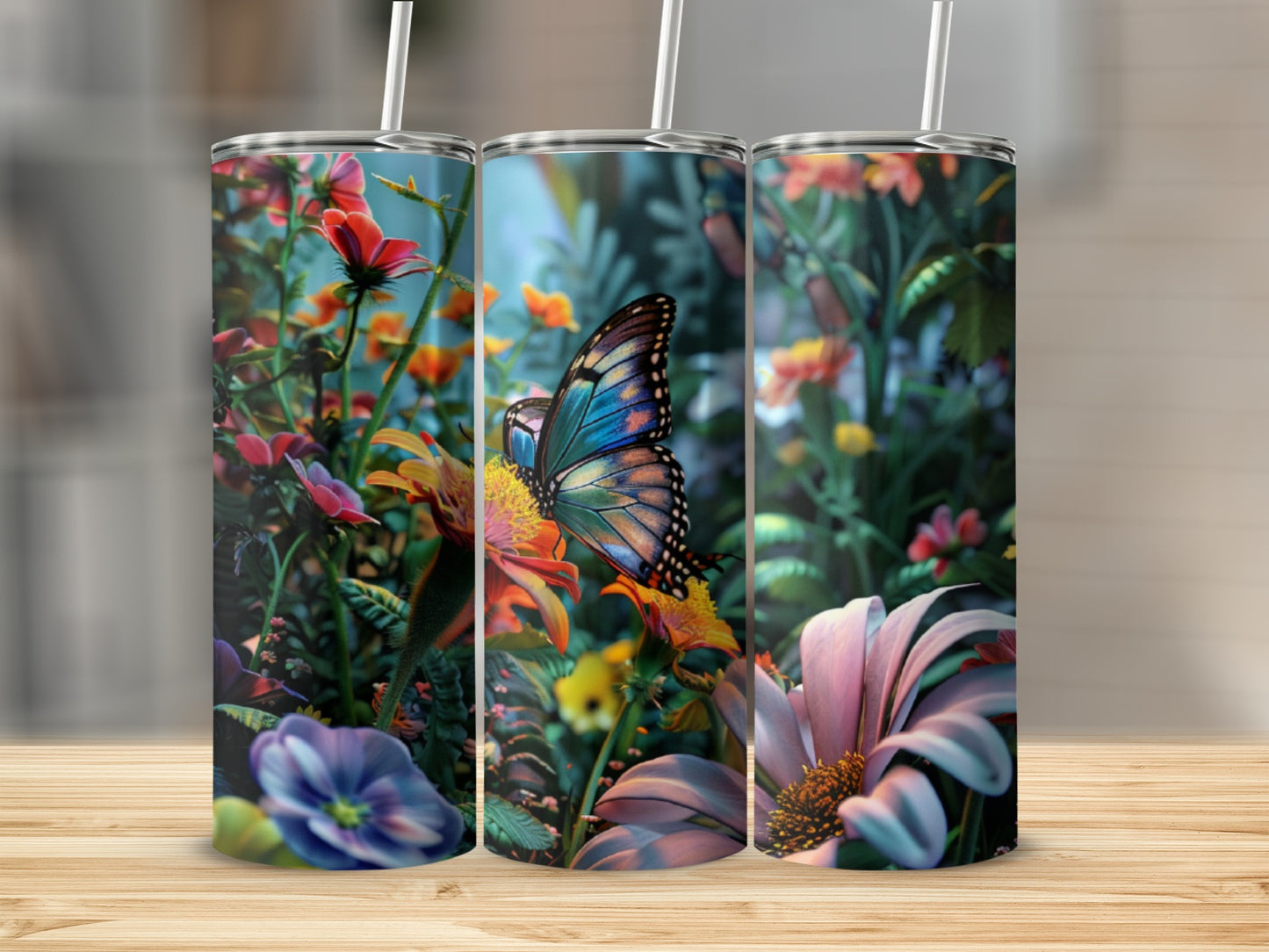 Close-up of a butterfly on a flower with blurred floral background.