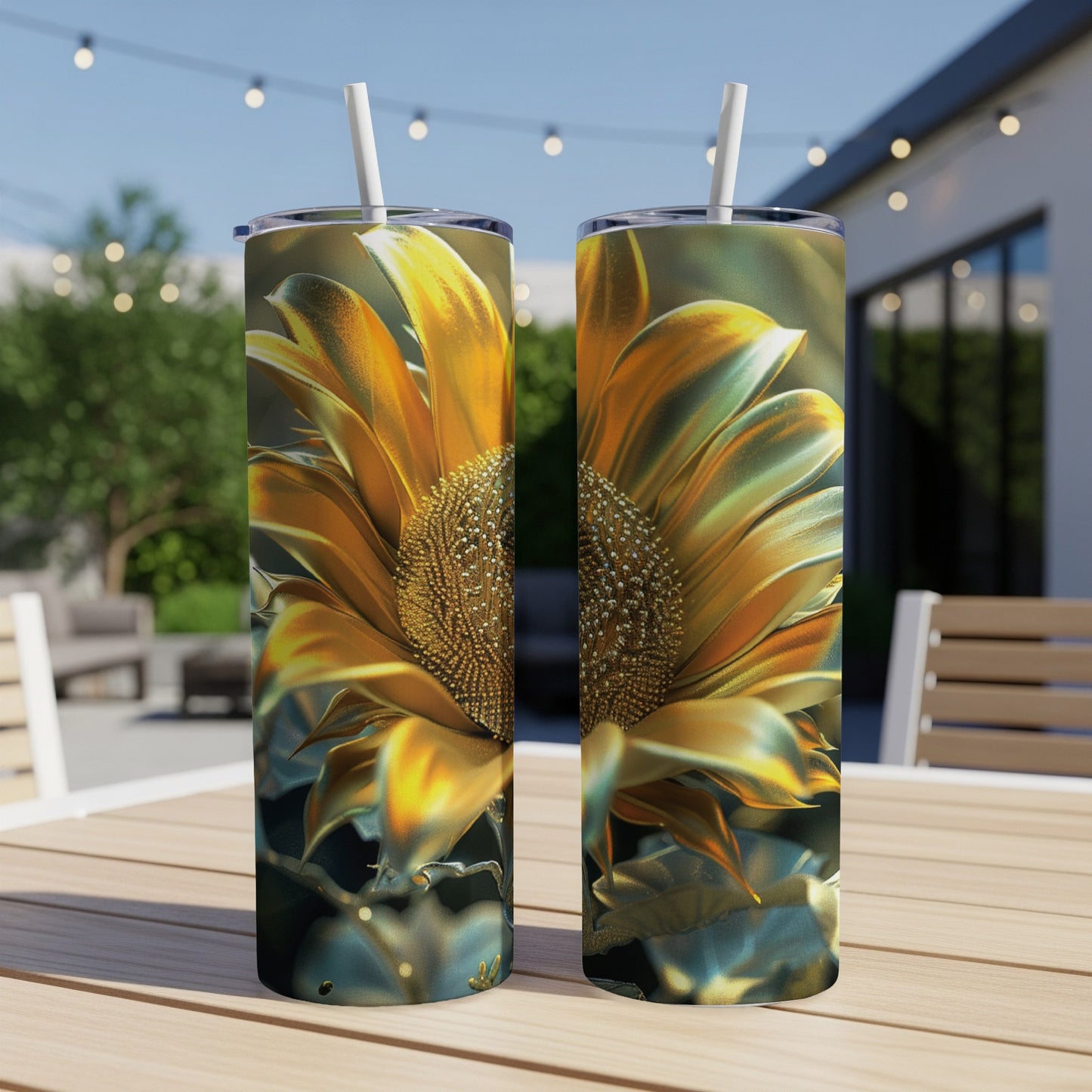 Two tumblers with golden sunflower design on a wooden table.