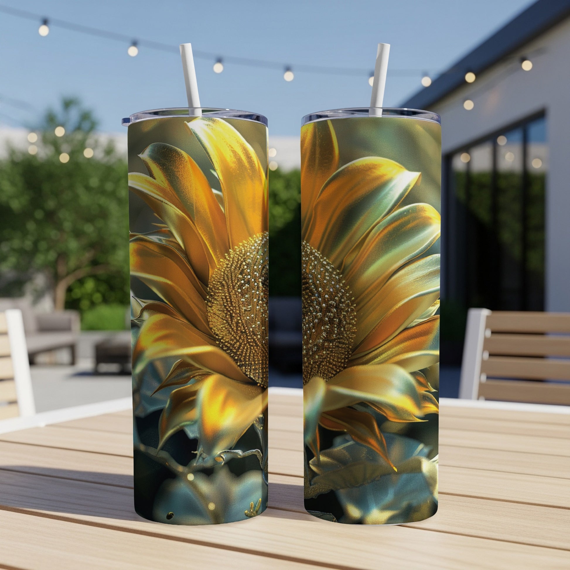 Two tumblers with golden sunflower design on a wooden table.