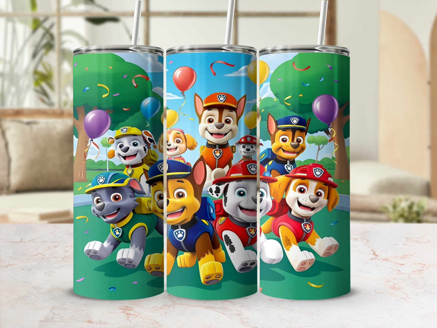 Paw Patrol characters on a green background with balloons and confetti.