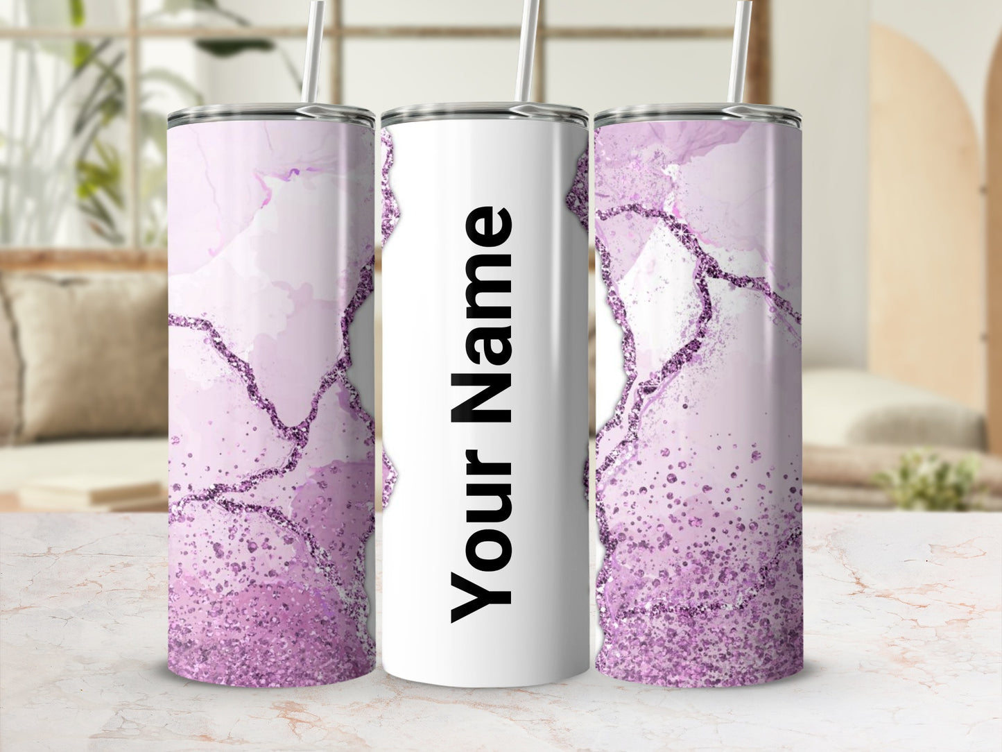 Personalized Purple Glitter Marbled Tumbler with Custom Name
