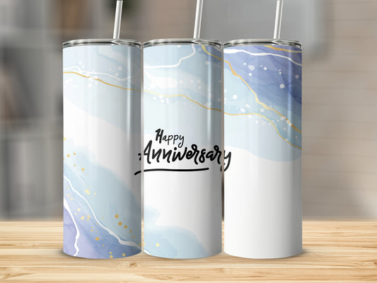 Three tumblers with abstract blue and gold watercolor design and "Happy Anniversary" text.
