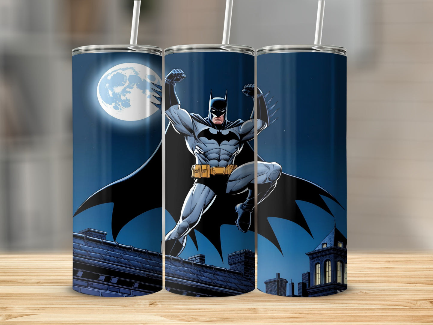 Batman leaping heroically on a rooftop with a full moon behind him.