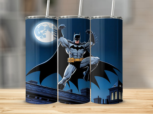 Batman leaping heroically on a rooftop with a full moon behind him.