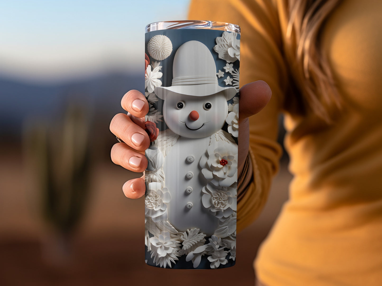 Festive Snowman and Flowers Design Tumbler Cup