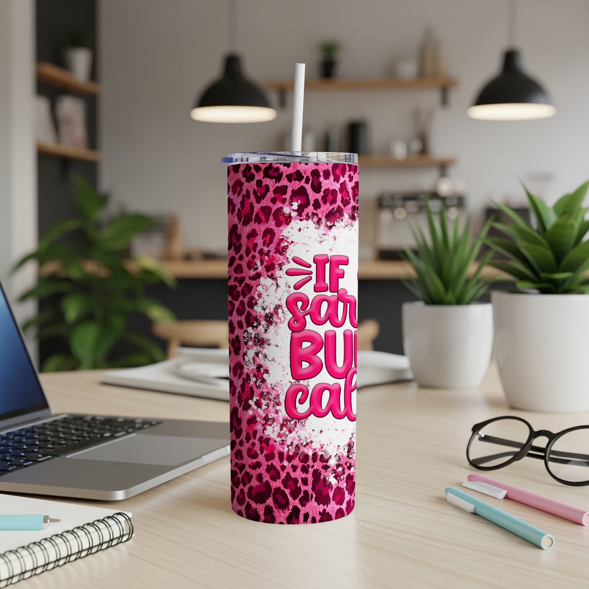Pink leopard print tumbler with "If you can read this, bring me some cat" text.