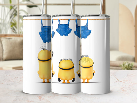 Three Minions with denim overalls hanging from a clothesline on a white tumbler.