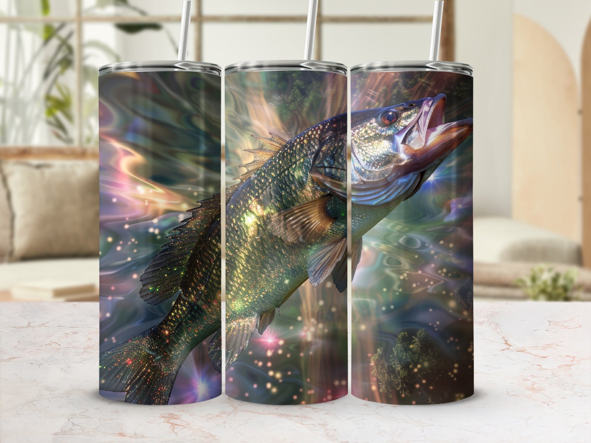 Tumbling fish artwork on three-panel tumbler against a blurred background.