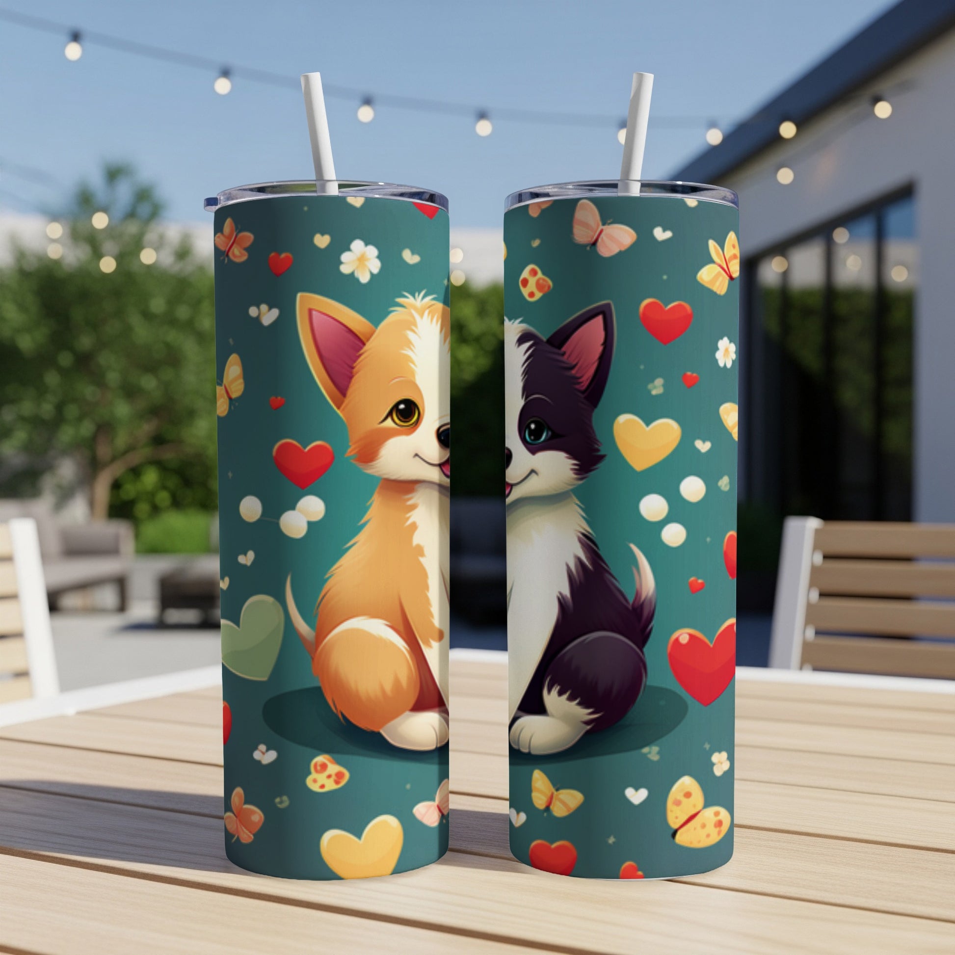 Two cartoon puppies, one tan and one black and white, with hearts and butterflies.
