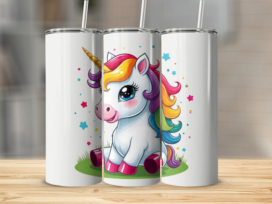 White tumbler with a cartoon unicorn and colorful stars design.