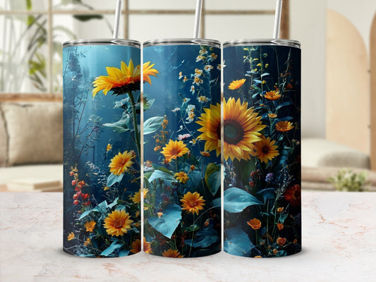 Three tumblers featuring a dark floral design with sunflowers and greenery.