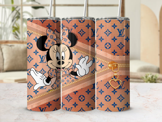 Minnie Mouse on a tumbler with a Louis Vuitton-inspired pattern and gold zipper accent.