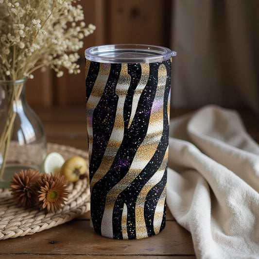 Black Gold and Purple Glitter Tumbler with Zebra Stripes