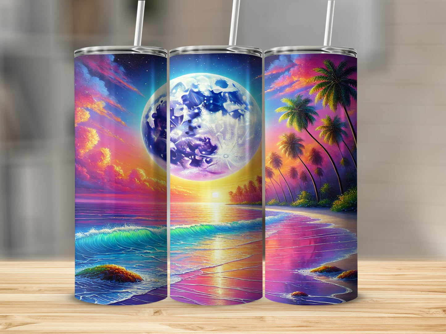 Colorful Tropical Beach and Moon Stainless Steel Tumbler