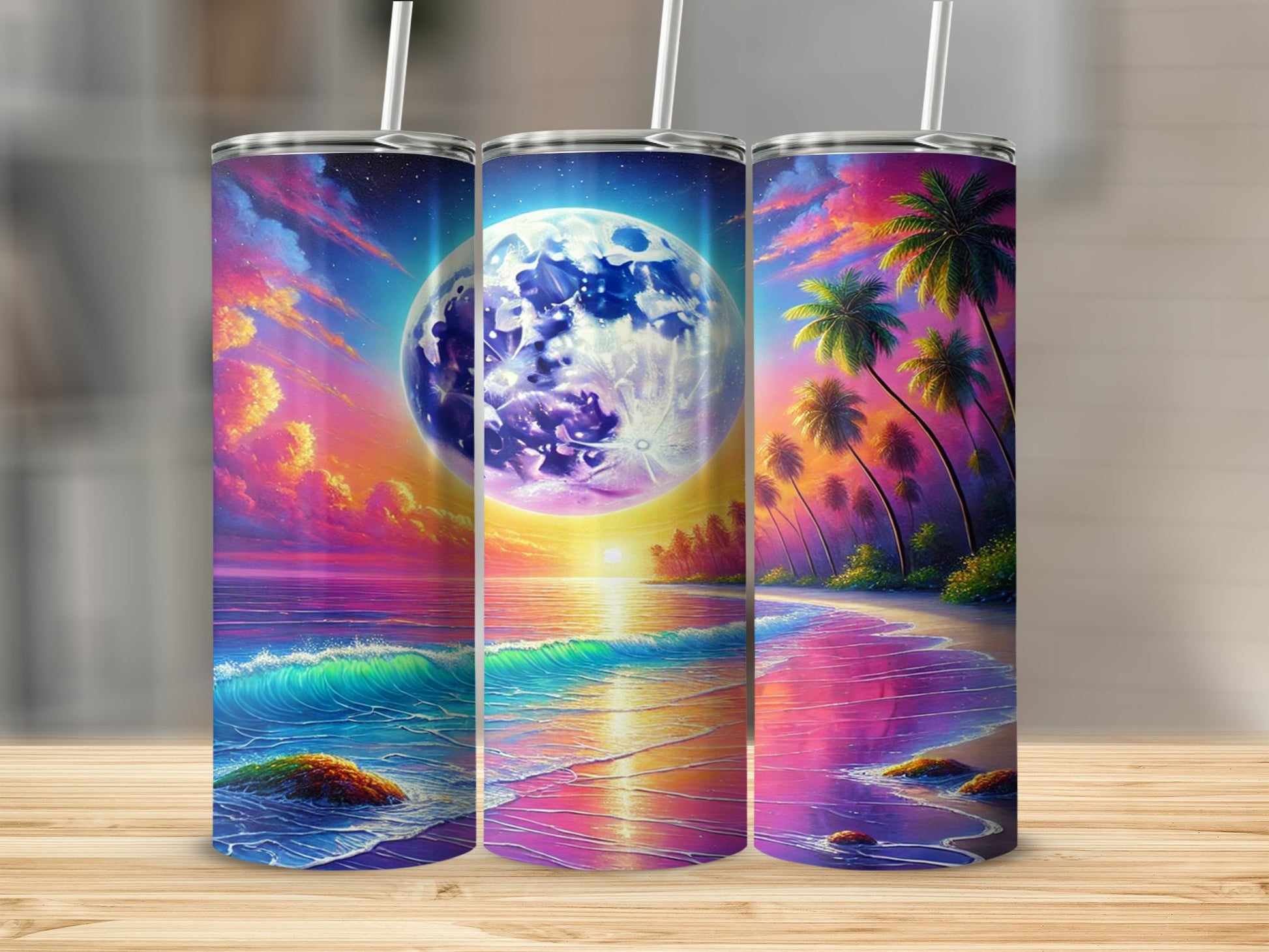 Colorful Tropical Beach and Moon Stainless Steel Tumbler
