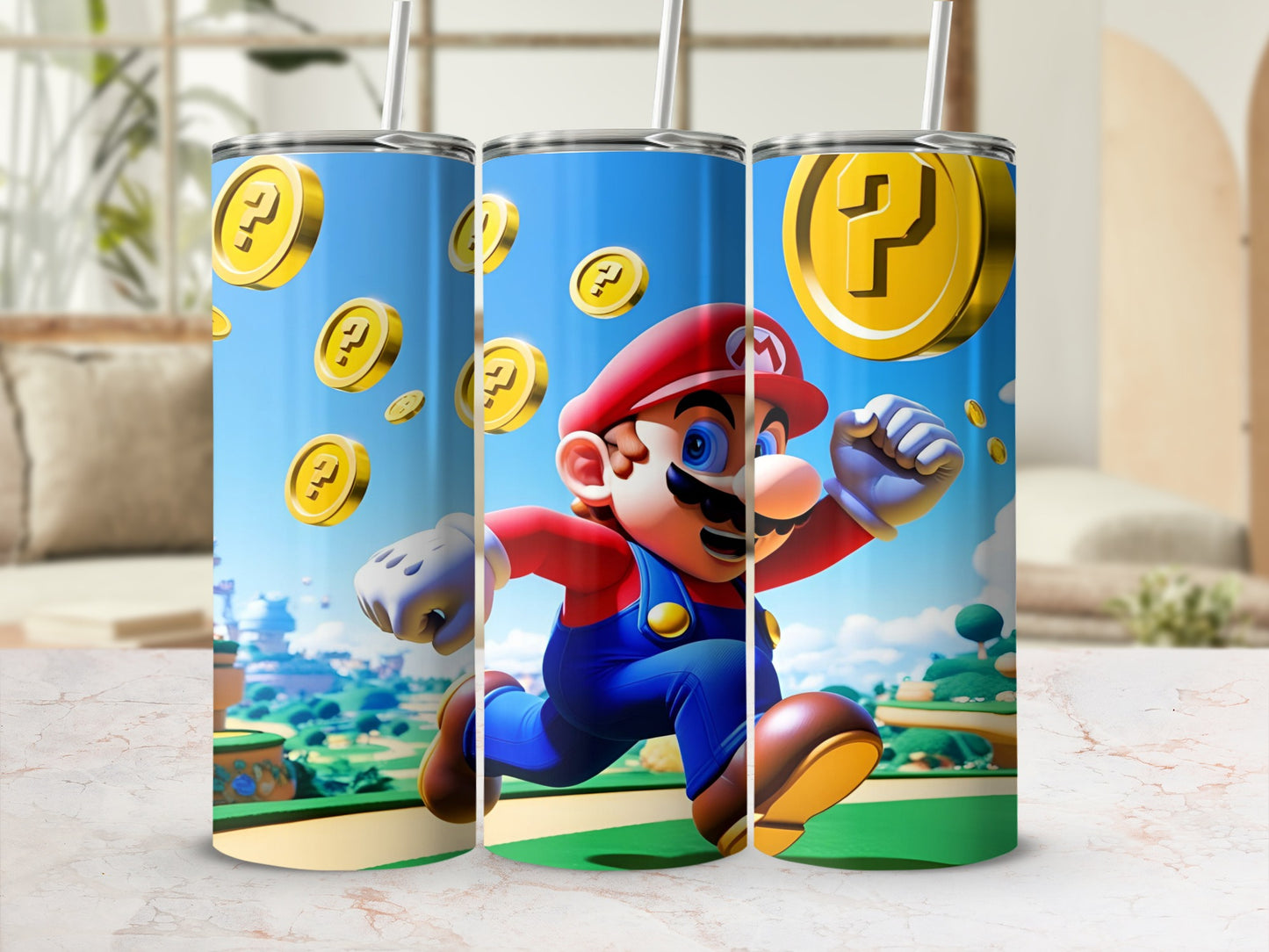 Mario running and jumping with gold coins and question blocks in the background.