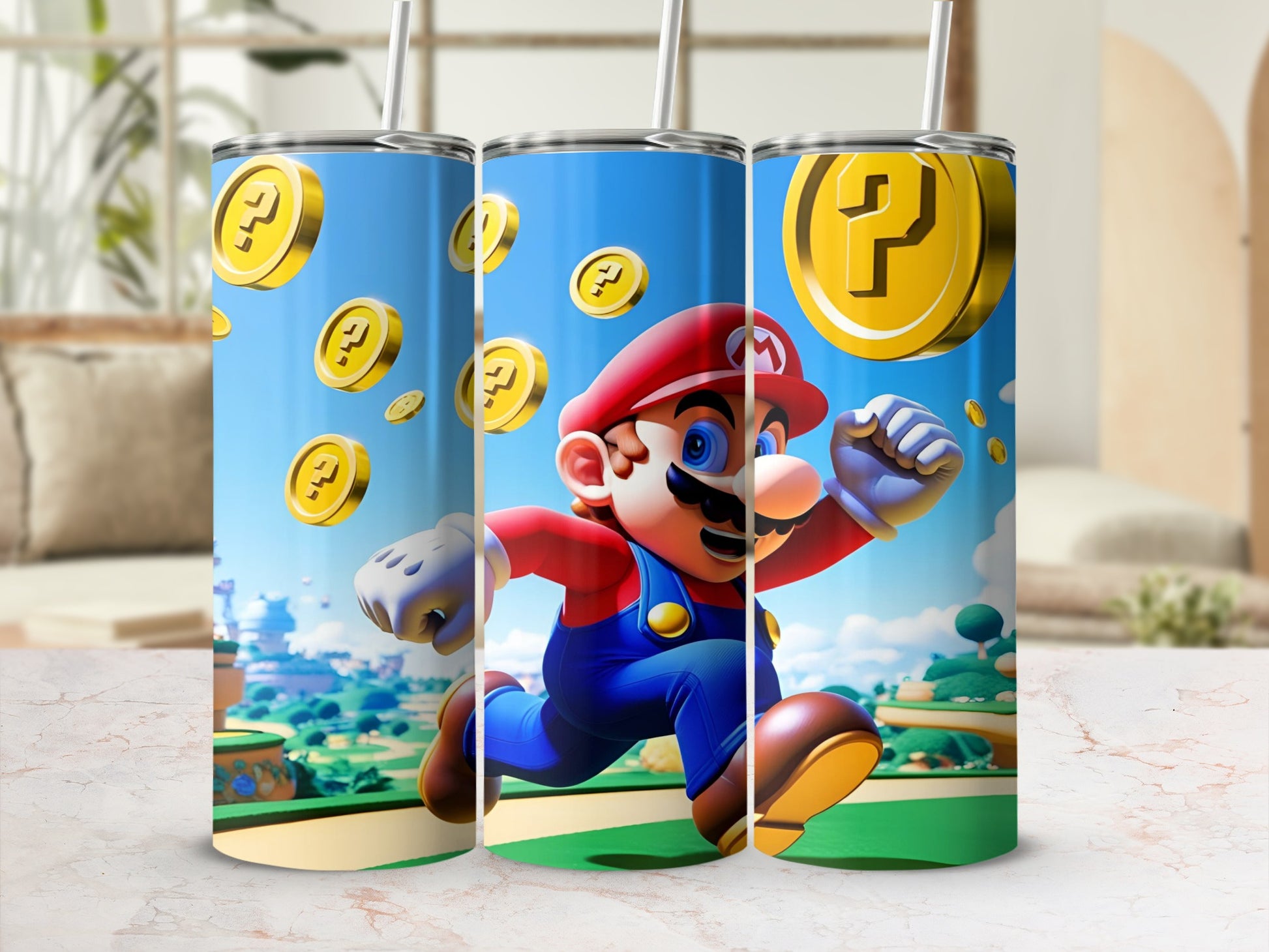 Mario running and jumping with gold coins and question blocks in the background.
