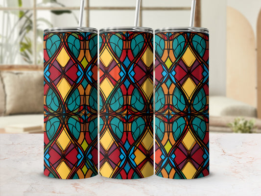 Three stained glass tumblers with geometric and heart patterns.