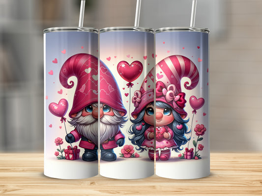 Two cartoon gnomes with heart hats and gifts celebrate Valentine's Day.