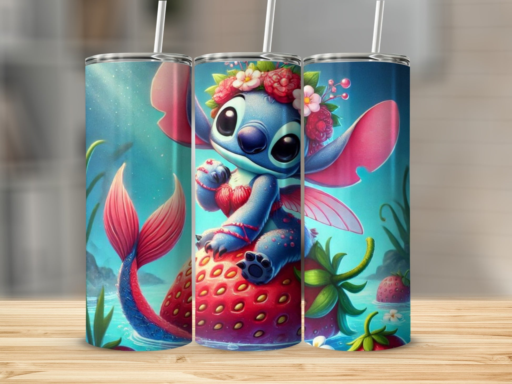 Cute Blue Cartoon Character on Strawberry Tumbler