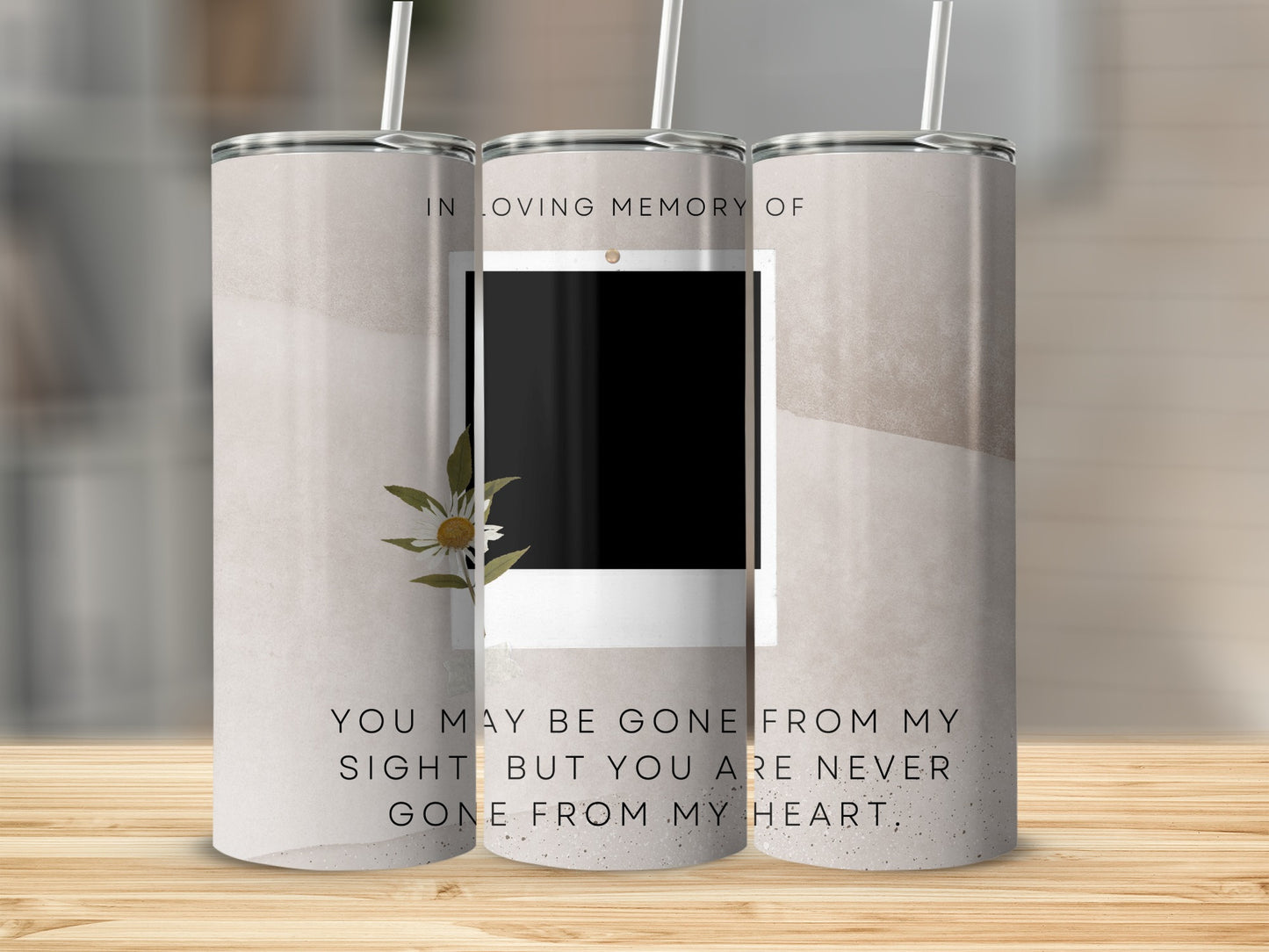 Three tumblers featuring a quote and photo frame design, "In loving memory of."