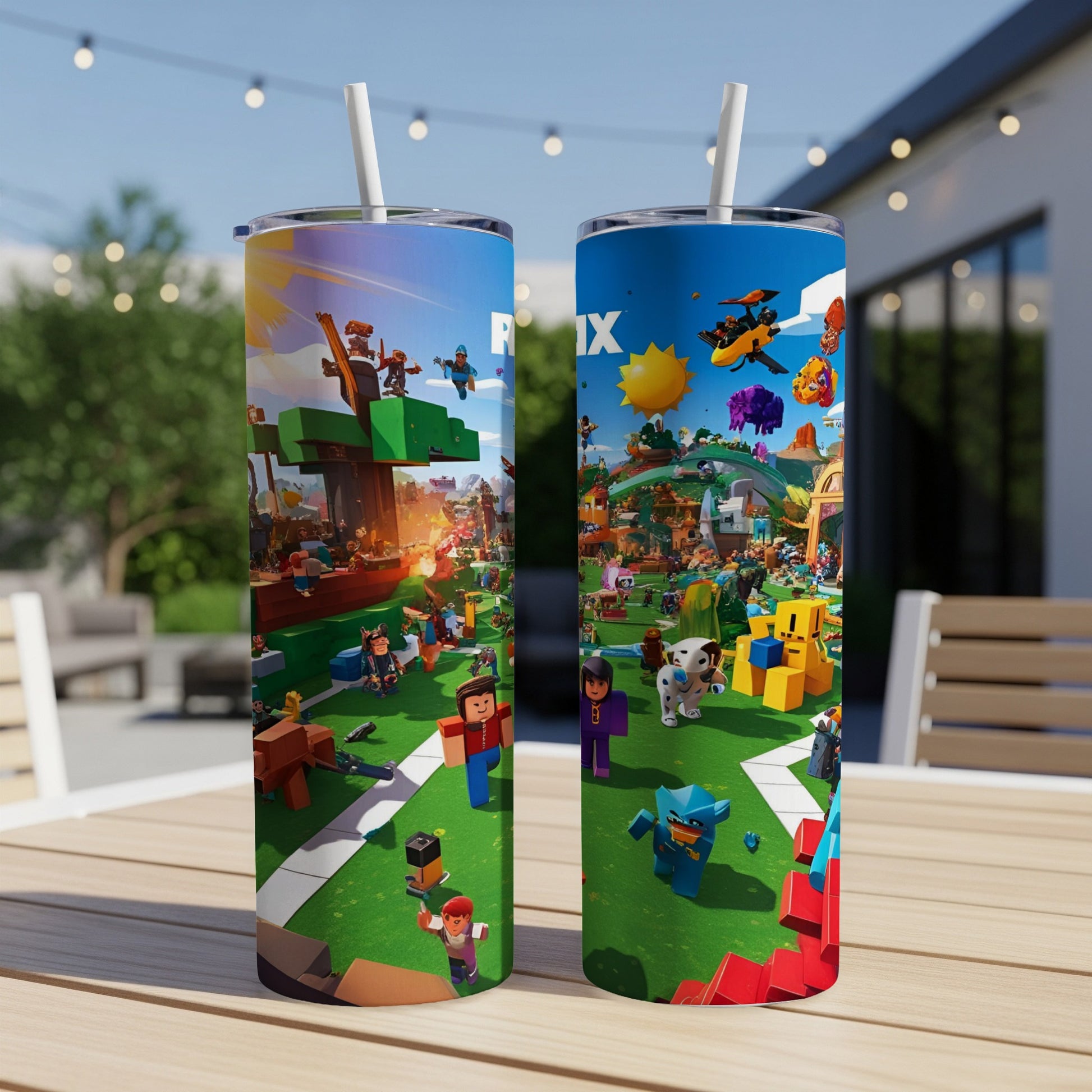 Two Roblox-themed tumblers with characters and game scenes.