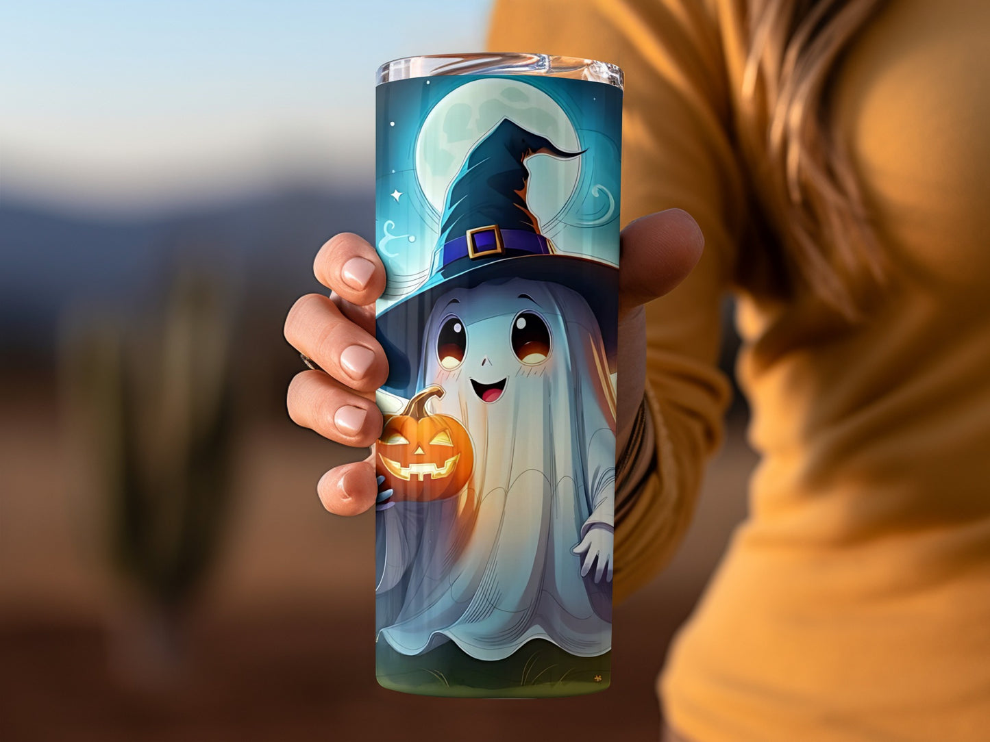 Cute Halloween Ghost with Pumpkin Tumbler Design