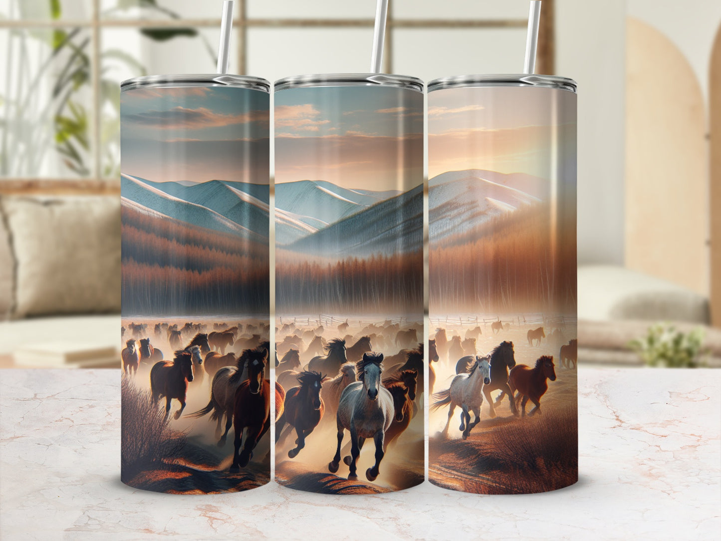 Three tumblers featuring a herd of horses running in a scenic mountain landscape.