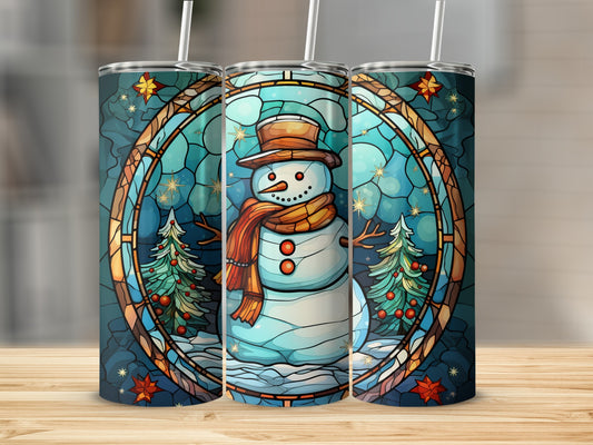 Snowman with scarf and hat, stained glass design with trees and stars.