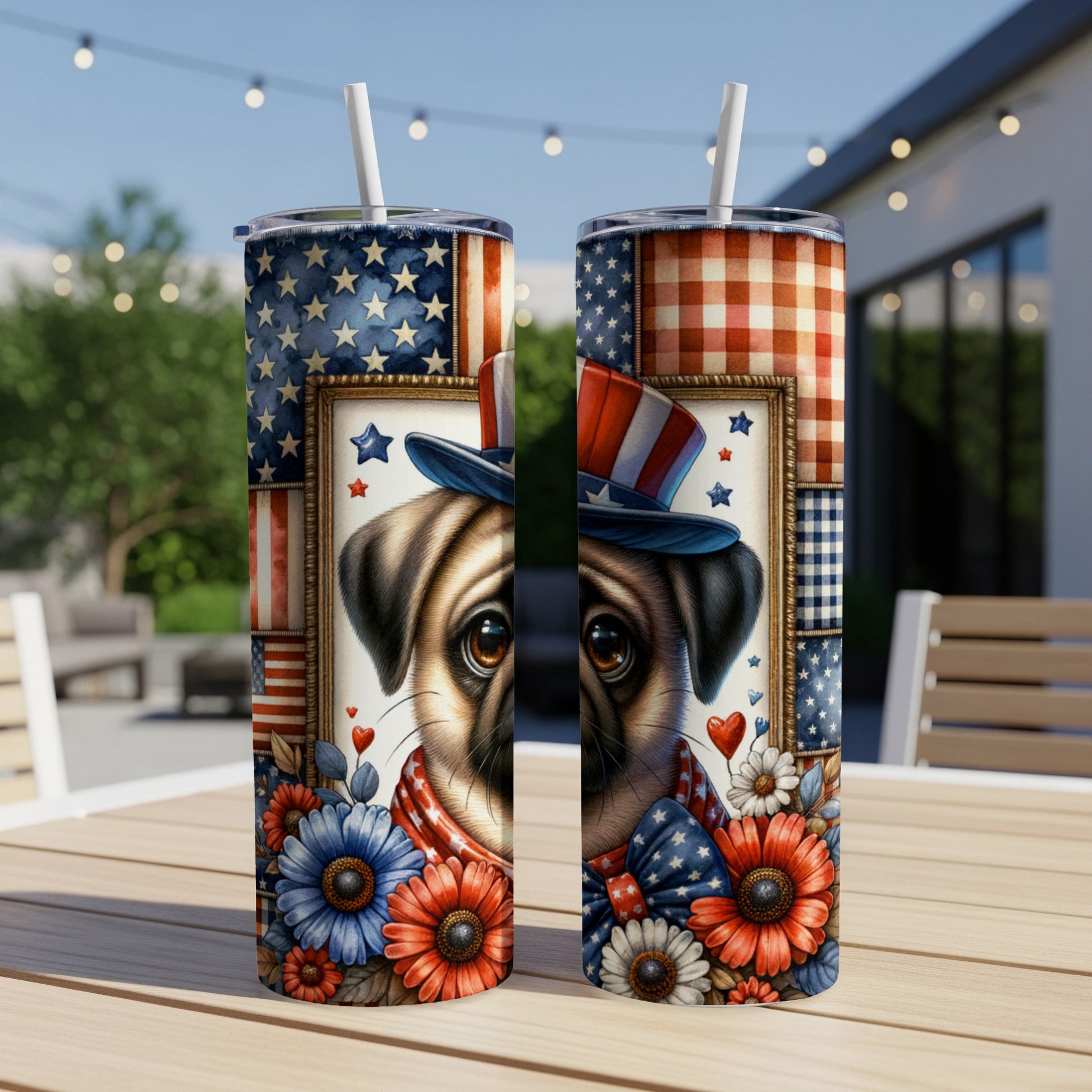 Patriotic pug with Uncle Sam hat, stars, and red, white, and blue flowers.