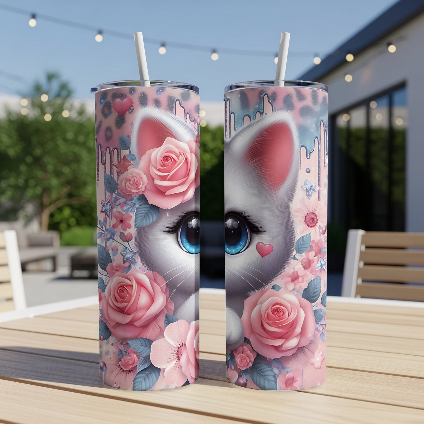 Two tumblers with a close-up illustration of a white cat surrounded by pink roses.
