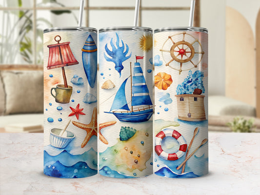 Three tumblers with nautical, beach, and ocean-themed watercolor art.