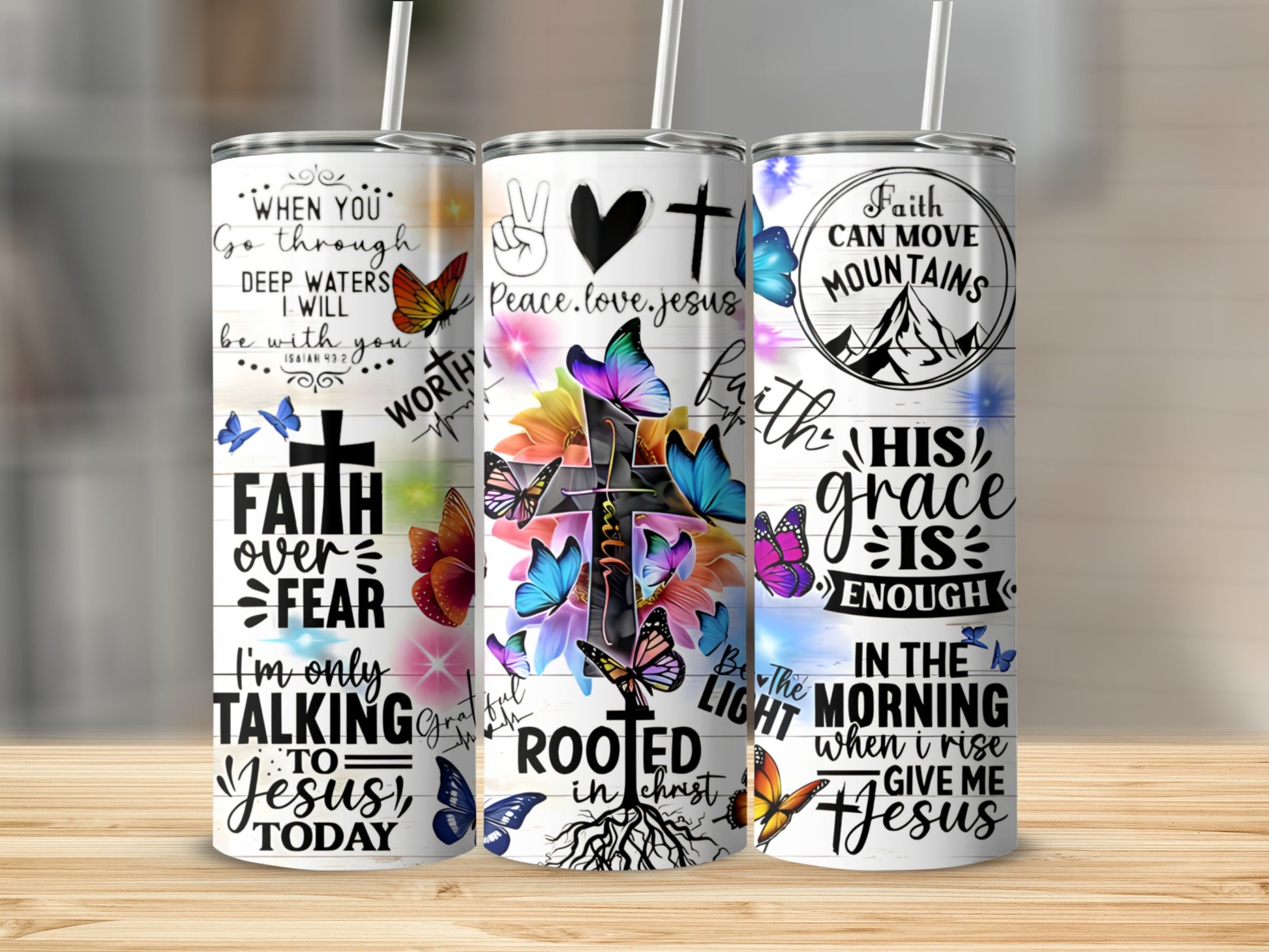 Tumblers with Christian sayings and colorful butterflies, Peace. love. jesus.