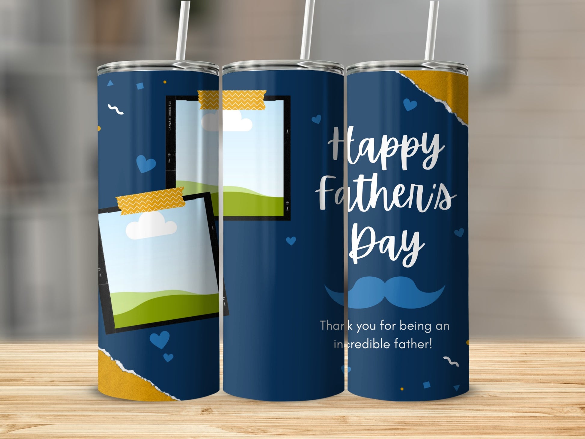 Navy blue tumbler with "Happy Father's Day" and mustache graphic.