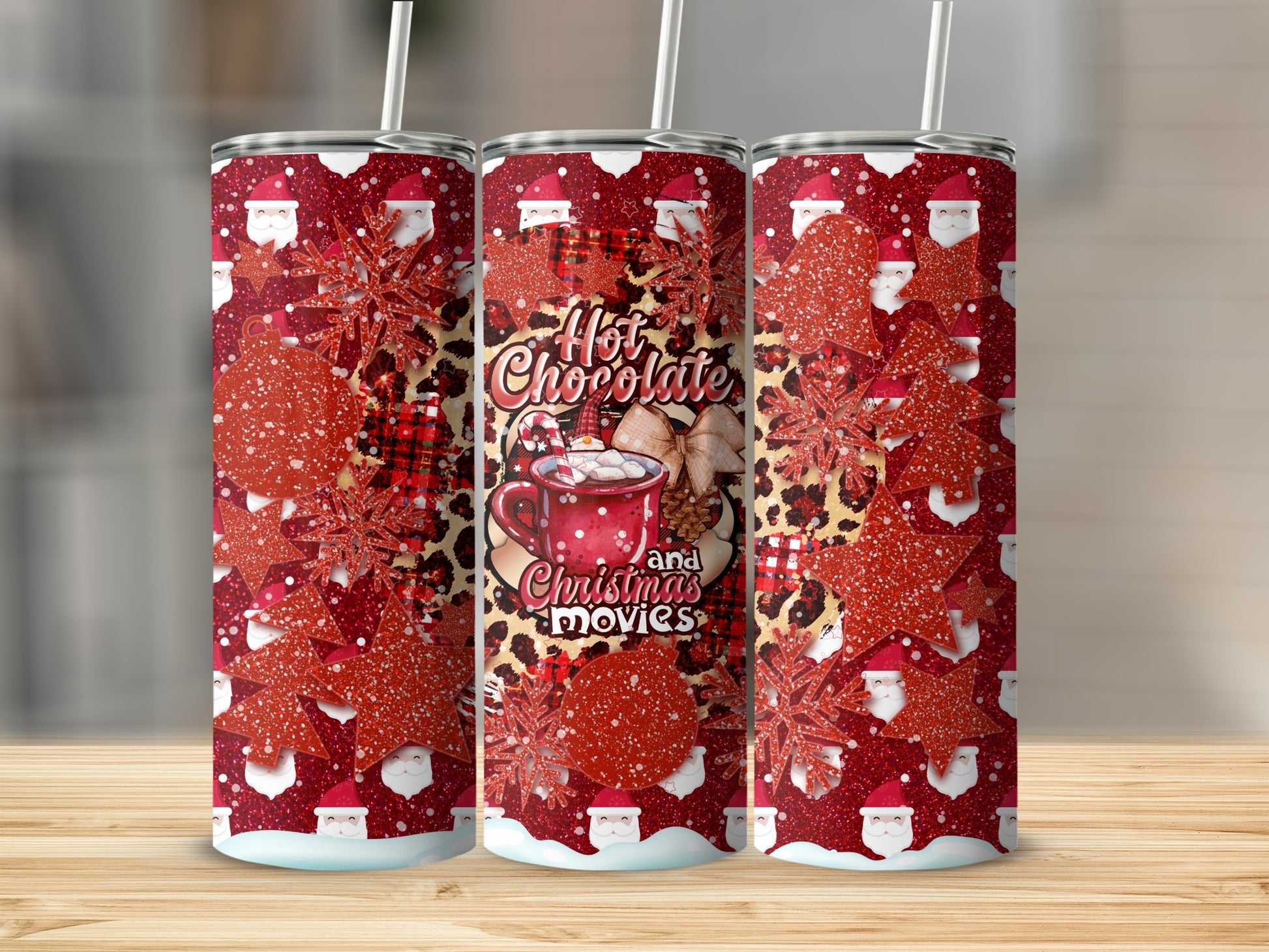 Red tumbler with Santa Claus, plaid, leopard print, snowflakes, and "Hot Chocolate and Christmas Movies" text.