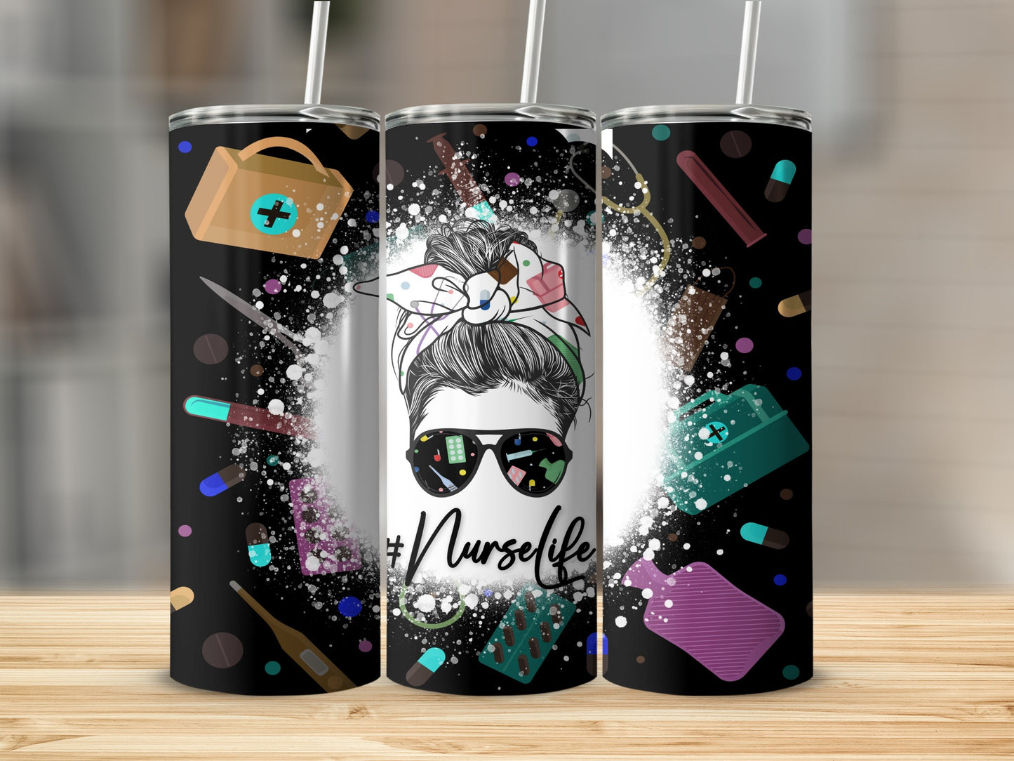 Tumbler with messy bun nurse, sunglasses, and medical icons.
