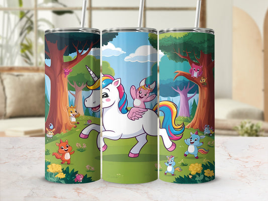 Unicorn with colorful mane and tail in a forest scene with woodland creatures.