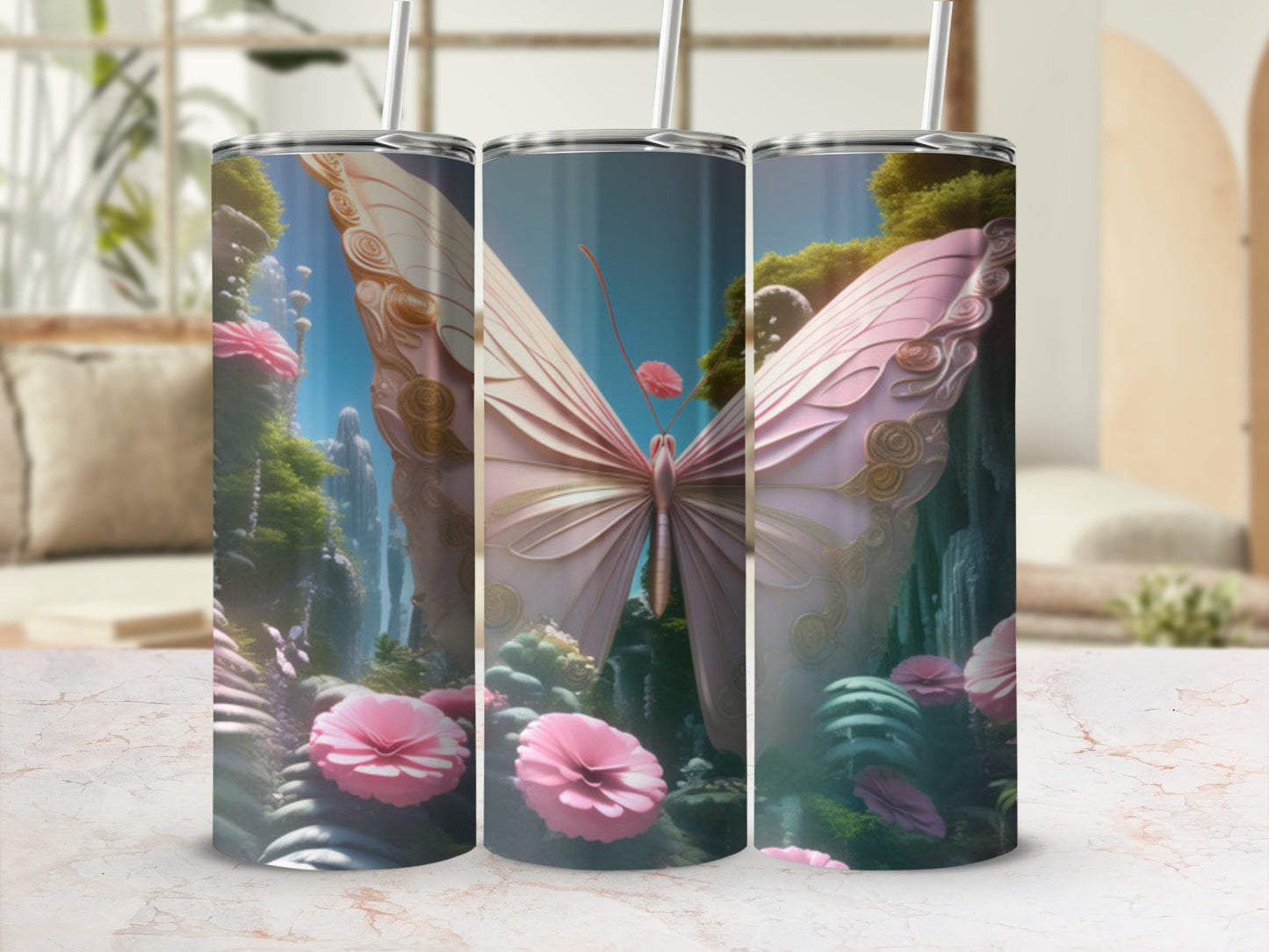 Pink butterfly with ornate wings and floral details on a tumbler wrap.