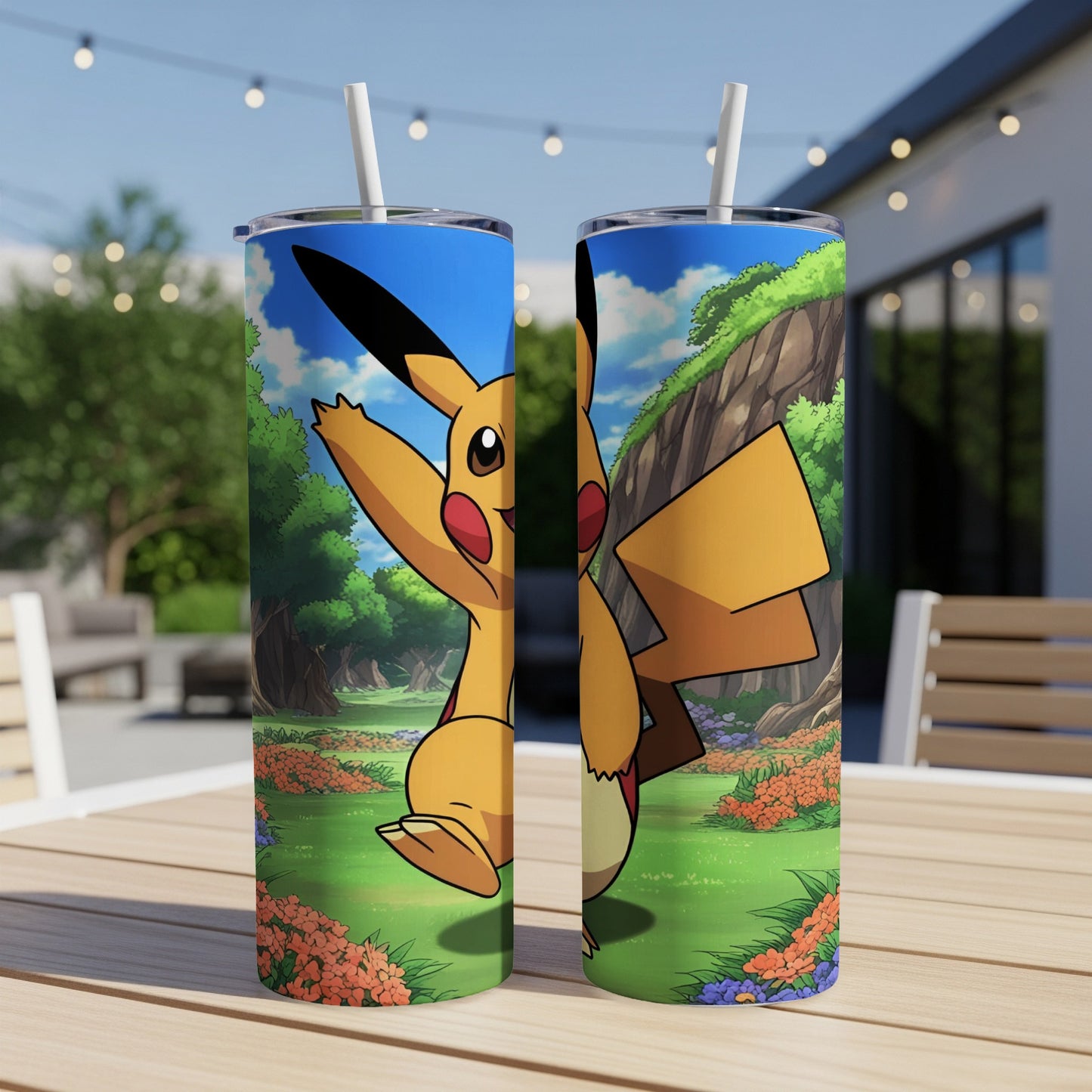 Pikachu character on a Pokémon tumbler with a nature background.