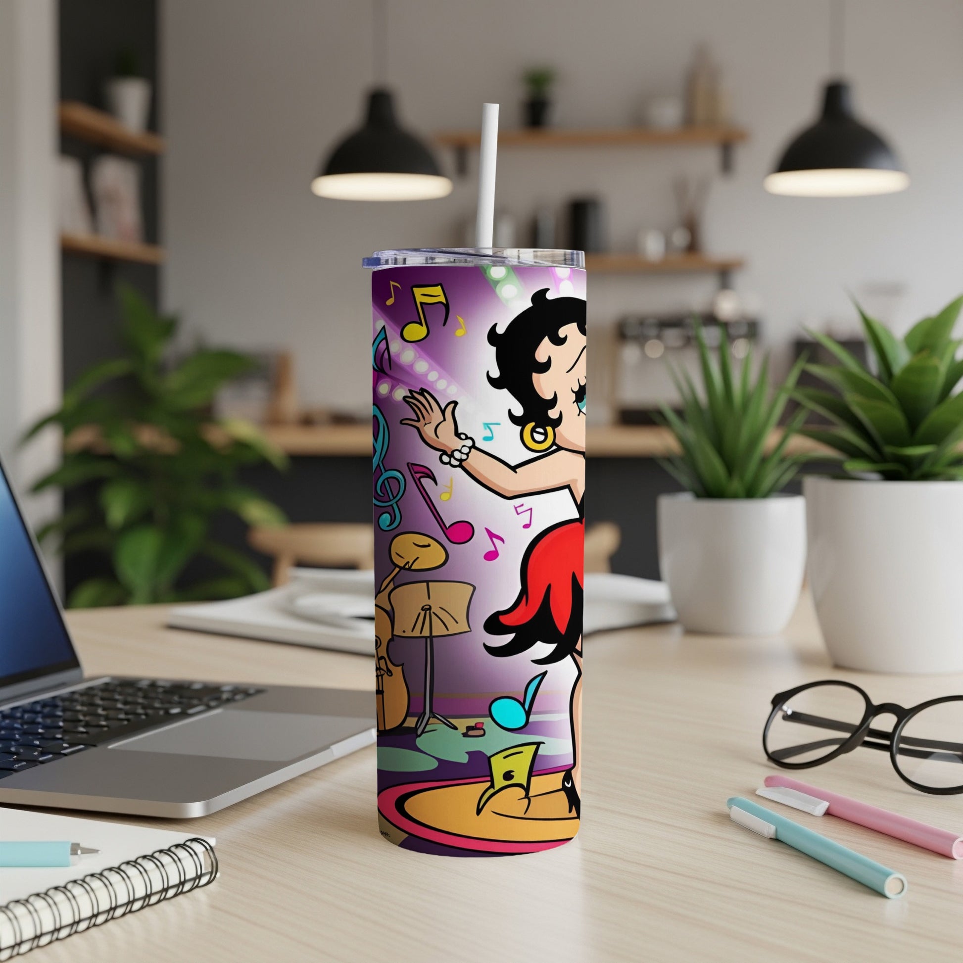Betty Boop dancing with musical notes and instruments on a colorful stage.