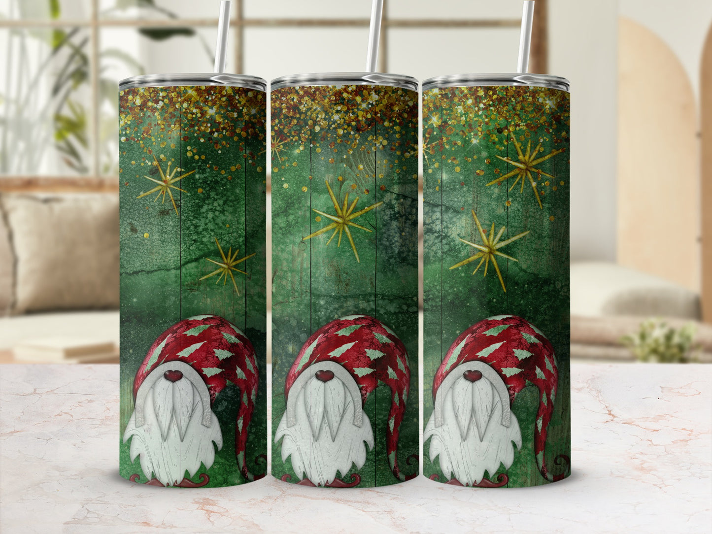Three tumblers with a green wood grain background and a gnome design.