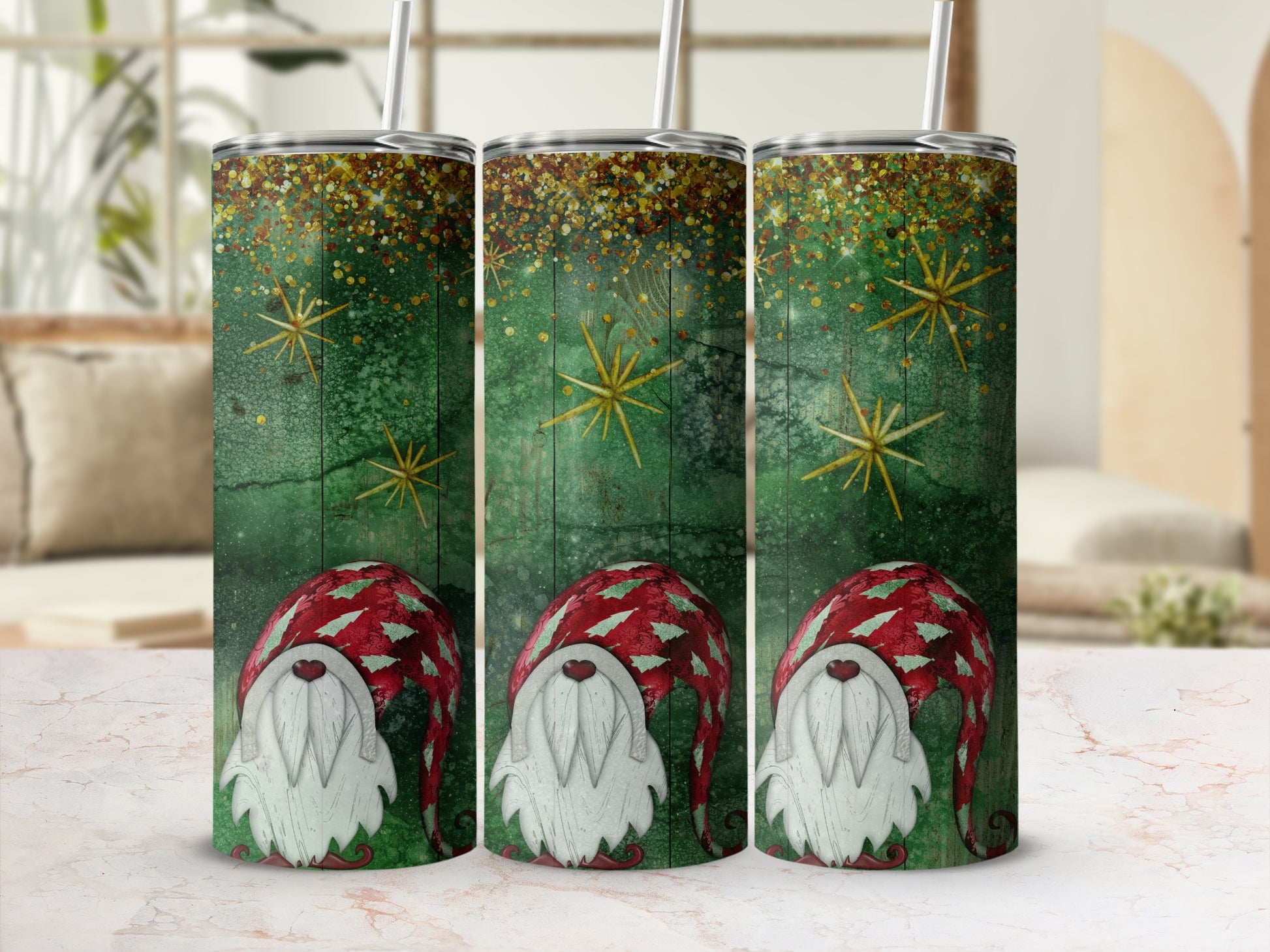 Three tumblers with a green wood grain background and a gnome design.