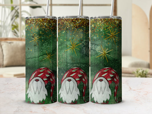 Three tumblers with a green wood grain background and a gnome design.