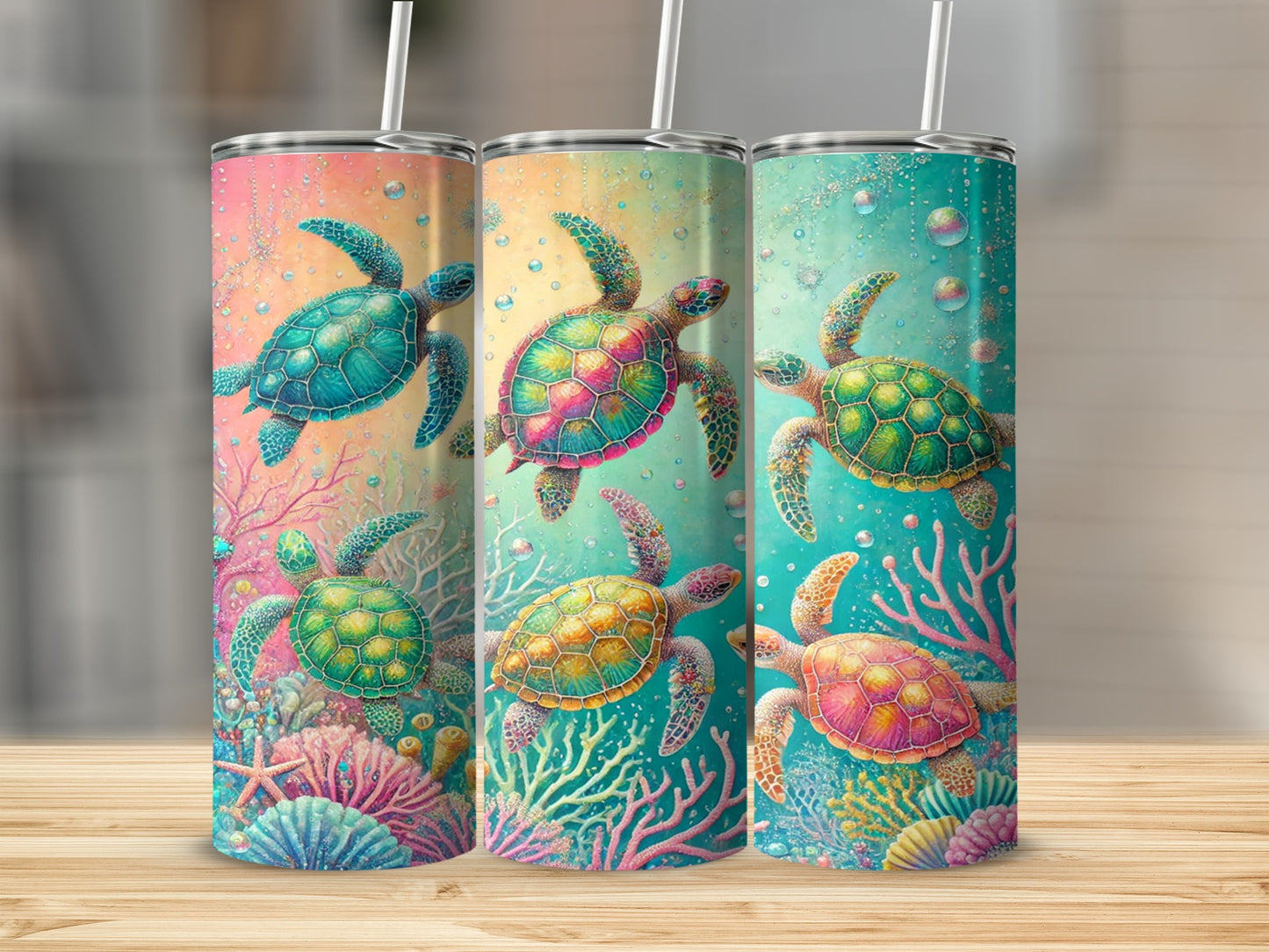 Vibrant Sea Turtle and Coral Design Beverage Tumbler