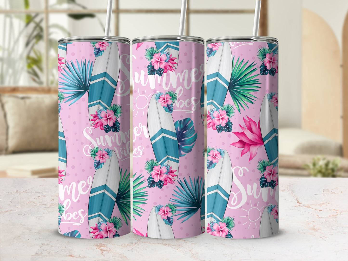 Pink tumbler with surfboards, tropical leaves, and "Summer Vibes" text.