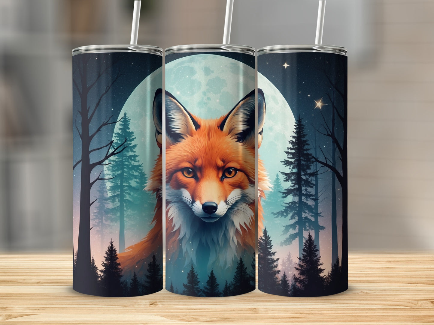 Triptych of tumblers featuring a fox in a forest with a full moon.